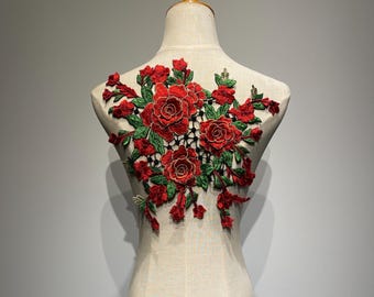 Large Red Rose Embroidered Patch - 3D Layered Floral Applique for Jackets, Wedding Dress & Crafts
