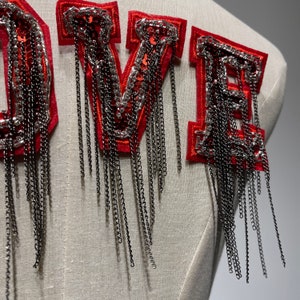 Handmade Red Sequins Love Letter Patch Beaded Alphabet Applique with Tassel Chains image 3