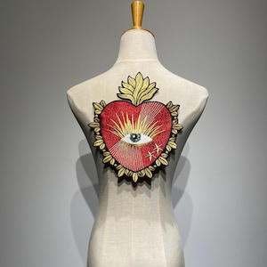 Vintage Inspired Flame Sacred Heart Patch | Exclusive Embroidered Red Heart | Green Sequin Evil Eye & Gold Eyelashes | Talisman applique