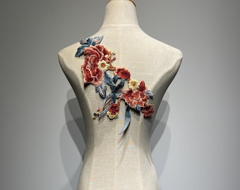Brown Peony Embroidered Iron-On Patch – Unique Floral Appliqué with Blue Leaves and Yellow Flowers for Jackets