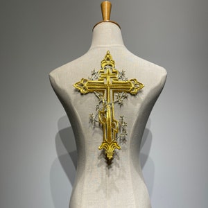 Embroidered Cross Iron-On Patch with Thorn Accents for jacket Gold applique