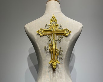 Embroidered Cross Iron-On Patch with Thorn Accents for jacket Gold applique