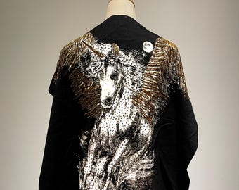 Extra Large Fantasy Unicorn Patch - Gold and Silver Hand Beaded Statement - Winged Horse Applique for jacket back