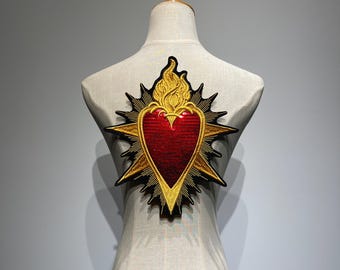 Large Sacred Heart Iron On Patch | Red Sequin Flaming Embroidery Back Applique | Gold Radiating Sunburst | Gothic Halloween Costume Deco