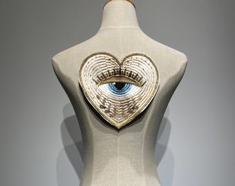 Grande toppa del Sacro Cuore con perline dorate / Applicazione posteriore per giacca Milagro messicana / Ornamento centrale per corpetto di abbigliamento con paillettes ricamate Ex-Voto