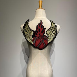 Large Flaming Heart with Wings Embroidered Iron On Patch – Fire Heart Punk Gothic Applique for Jackets