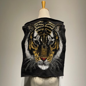 Large White Tiger Beaded Patch - Handcrafted Appliqué on French Terry Fabric