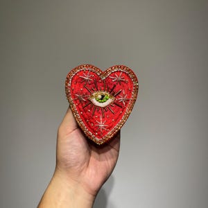 Vintage Inspired Beaded Sacred Heart Patch | Embroidered Green Evil Eye | Rhinestone Applique