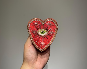 Vintage Inspired Beaded Sacred Heart Patch | Embroidered Green Evil Eye | Rhinestone Applique