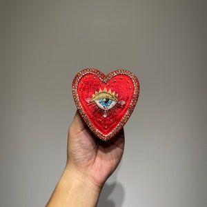 Vintage Inspired Sacred Heart Patch | Handcrafted Rhinestone Heart Applique | Beaded Evil Eye Embroidery