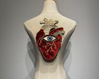 Large Anatomical Heart Patch for Jacket | Sequin Sacred Heart Back Patch | Gothic Spooky Clothes DIY | Dark Academia Gift for Doctor