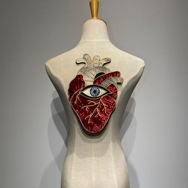 Grande toppa a forma di cuore anatomico per giacca / Toppa a forma di cuore sacro con paillettes per la schiena / Abbigliamento gotico spettrale fai da te / Regalo dark academia per medico
