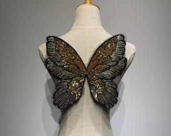 Sparkly Gold Sequin Butterfly Appliqué - Large 3D Beaded Wings with Gold Embroidery - Couture Statement Patch For Jacket