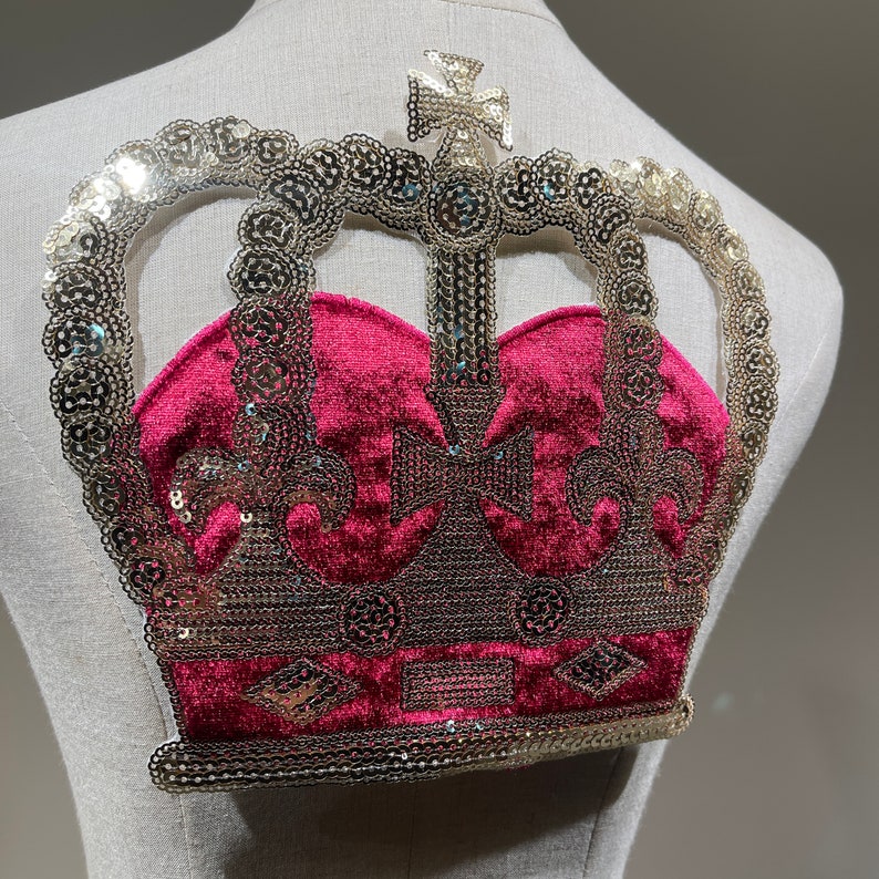 Large Gold Sequins Crown Iron on patch with Red Velvet for fashion woman clothes embroidered decoration or patch for DIY denim jackets image 3