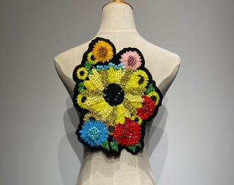 Handmade Beaded Sunflower Applique | Rhinestone Pearl Sequin Mixed Floral Patch | Couture Jacket Back Patch for Denim and Clothing