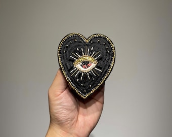 Vintage Inspired Black Sacred Heart Patch | Gold Beaded Evil Eye Applique