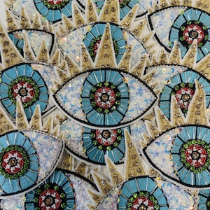 Evil Eye Sequins patch Rhinestone Handmade Sew on patches for Vintage clothes or Denim jackets Gold thread Applique embroidered decoration