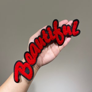Gran aplique bordado para coser, parches con hermosas letras rojas escritas en inglés para ropa o camisetas, moda DIY