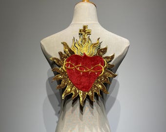 Sparkling Oversized Sacred Heart Cross Embroidered Patch |  Red Velvet Heart With Golden Sequin Flame Iron on applique for denim jacket back
