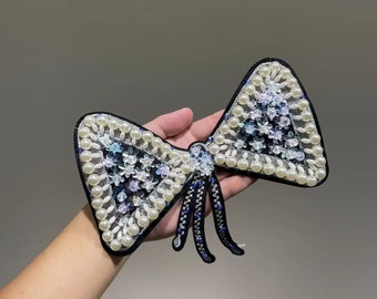 Large Unique Handmade sequins Pearl Ribbon sew on clothes or t shirt beautiful Applique Silver thread patches Decoration