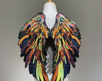 Performance Sequins Angel Wings Multi-color for Vintage clothes back patch or Jacket sew on patches embroidered Large Applique decoration
