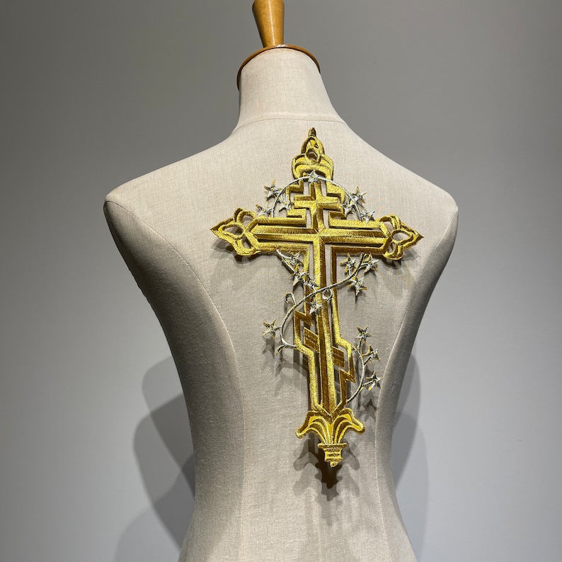 Embroidered Cross Iron-on Patch With Thorn Accents for Jacket Gold ...