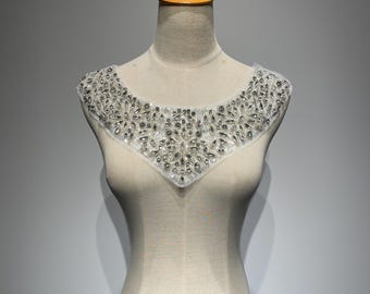Hand Beaded Rhinestone Neckline Applique - Crystal Beaded Collar Patch - Silver Clear Crystal V Neck & Round Neck Lace Applique for Wedding