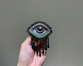 Rhinestone beaded tassel Evil eye handmade sew on patches for Vintage clothes front embroidered Applique decoration with pearls purple eyes