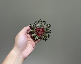 Handmade Gold thread embroidered Crown patch with Silver beads and Red Rhinestone Love Heart Applique patches
