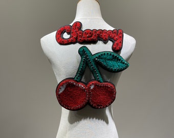 Chenille Rhinestone embroidered Cherry sew on patch for clothes back Applique or denim jackets Concert decoration used on coat and t shirt