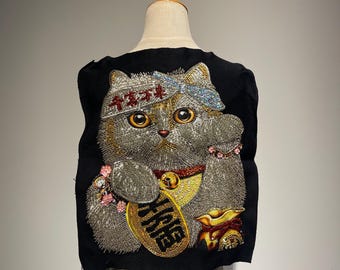 Extra Large Beaded Japanese Maneki Neko Patch - Oversized Lucky Cat Applique for back