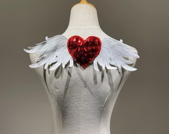 Handmade beaded Crystal Sequins Sacred Heart Angle Wings Sew on patches for Vintage clothes back or Jacket Embroidered Applique decoration