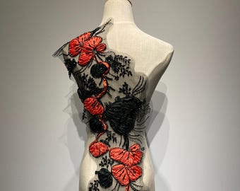 3D Ribbon Flower Applique - Large Beaded Floral Lace Patch with Sequins for Couture Gown,Evening Dress,Wedding Veil,Avant-Garde Bodice Decor