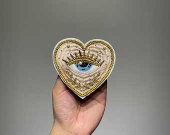 Vintage inspired sacred heart patch | embroidered Evil eye patch for jackets | hand stitching beads applique