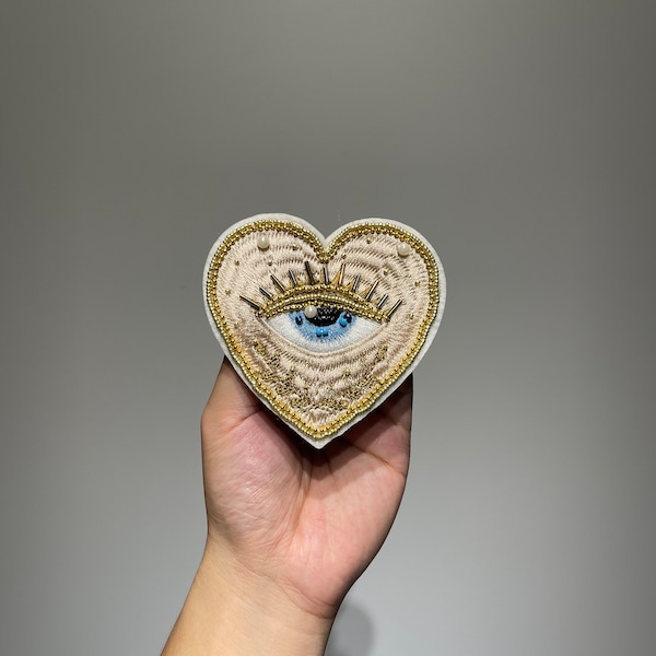 Toppa a forma di cuore sacro d'ispirazione vintage / Toppa a forma di cuore Milagro messicano per giacche / Applicazione di perline cucita a mano