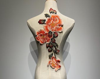 Large Orange Peony Embroidered Patch - Lifelike Floral Applique with Leaves for Fashion Design and Home Decoration