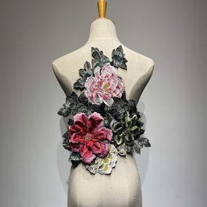 Vintage-Inspired 3D Peony Embroidered Patch | Pink and Red Floral Applique