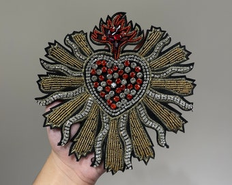 Vintage Sacred heart patch Rhinestone Baroque Handmade Flame love beaded Applique with red stone gold thread sew on patches for embroidery