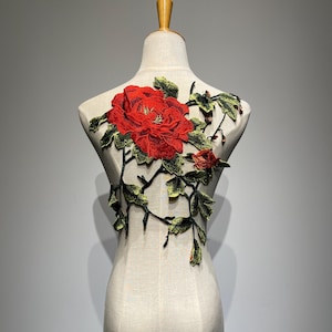 Red Embroidered Flower Patch – Vintage inspired Floral Appliqué with Green Leaves for Jackets back