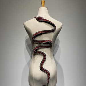 Può includere: Un manichino con un ornamento a forma di serpente rosso e argento sul davanti. Il serpente è fatto di strass ed è avvolto attorno al busto del manichino.