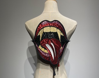 Sparkling Large Sequin Vampire Lips Iron On Patch | Gothic Lips Embroidered Applique for Denim Jacket Back | Halloween Costume Decoration