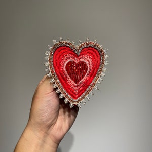 Sparkling Embroidered Sacred Heart Patch | Beaded Heart Appliqué | Handmade Rhinestone and Crystal Design