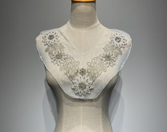 V-Shaped Pearl Beaded Collar Appliqué - Bridal Mesh Neckline Embellishment with Silver Crystal Patch