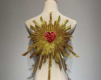 Oversized Gold Sacred Heart Patch | Radiant Sequin Embroidered Jacket Back Patch | Iron-On Applique