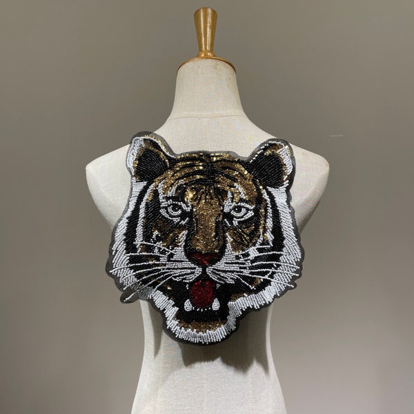 Wild Striking Beaded Sequin Tiger Head Sew-On Patch - Perfect for Denim Jackets, Bags, clothes and Pullover Sweatshirt