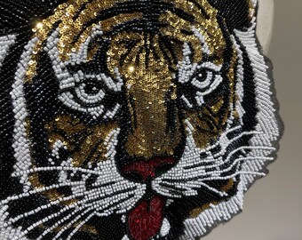 Toppa da cucire a forma di testa di tigre con paillettes e perline