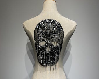 Sparkling Handmade Silver Skull Patch | 3D Beaded Rhinestone Applique | Luxury Skeleton Embroidery Patch for Jacket, Costume & Stage Wear