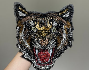 Large Luxury Handmade Rhinestone Gold thread Tiger with beads Sew on patches Unique DIY embroidered Back patch Applique