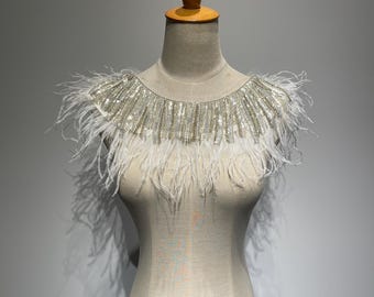 Luxury Rhinestone Feather Collar Appliqué – Hand-Beaded Mesh Neckline Embellishment for Gowns, Costumes & Couture Design