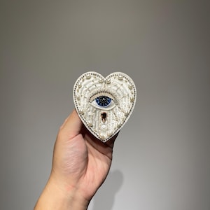 Vintage-Inspired White Sacred Heart Patch | Beaded Evil Eye applique | Unique design